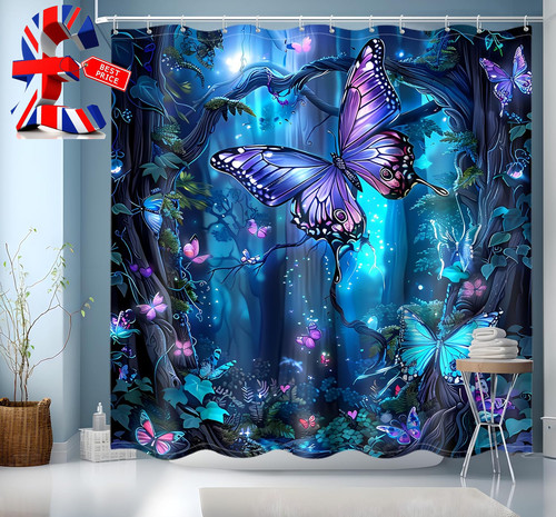 Blue shower curtain - shower, curtain,bathroom